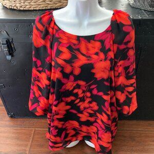 Calvin Klein Red Black Wide Puffed Sleeve Blouse X Large